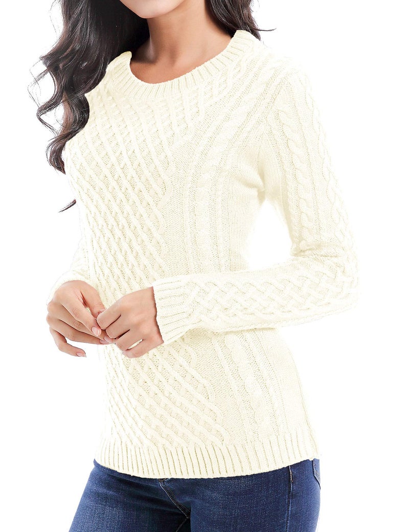 v28 Women Crew Neck Korea Knit Stretchable Elasticity Long Sleeve Sweater Jumper (S, Off White) - Image 1